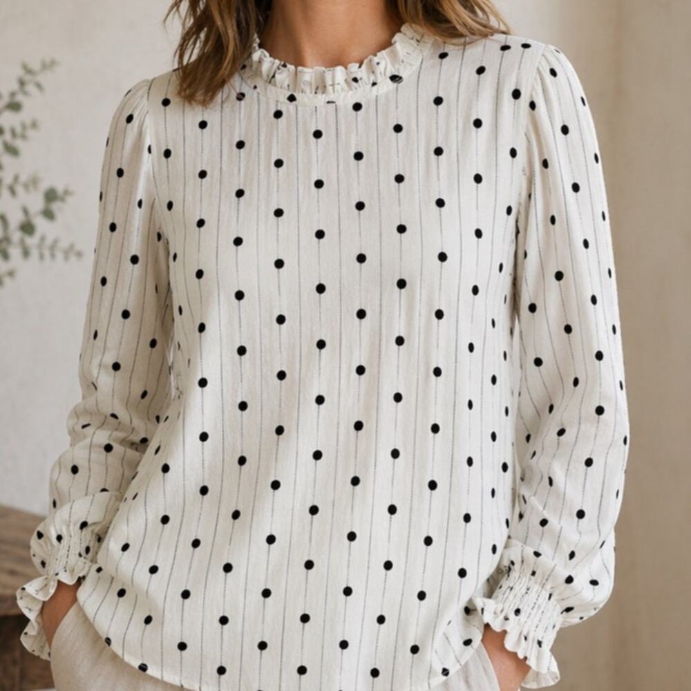 Carolina Belle Blouse Large White Black Dots Chiffon Balloon Sleeves